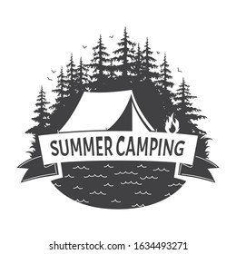 Summer camp. Vector illustration. Camping and outdoor adventure emblem. Vintage typography design with camping tent and bonfire