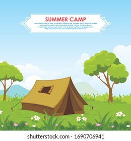 Summer camp vector illustration, with Camping tent on green hill, and beautiful scenery natural landscape