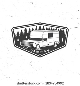 Summer camp. Vector illustration. Camping trailer emblem or patch. Concept for shirt or logo, print, stamp or tee. Vintage typography design with RV Motorhome and forest silhouette.