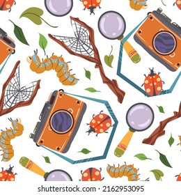 Summer camp. Vector illustration. Camping with camera, magnifying glass. Insects on branch. Pattern. Light background, wallpaper, cartoon style