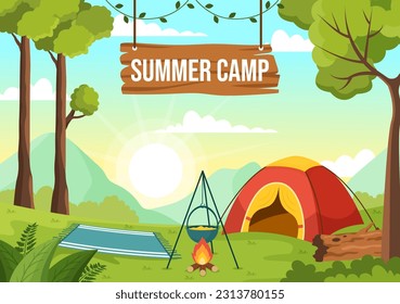 Summer Camp Vector Illustration of Camping and Traveling on Holiday with Equipment such as Tent, Backpack and Others in Flat Cartoon Templates