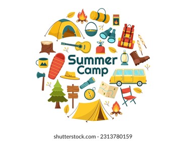 Summer Camp Vector Illustration of Camping and Traveling on Holiday with Equipment such as Tent, Backpack and Others in Flat Cartoon Templates