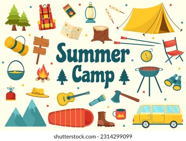 Vector de campamento de verano Ilustración de camping y viajes de vacaciones con equipos como carpas, mochila y otros en plantillas de dibujos planos