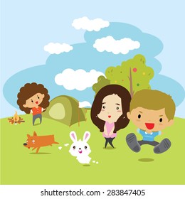 Summer camp vector illustration, Camping and adventure, Summer holiday vector illustration, Stock vector illustration cartoon characters, tents and backpacks adventure park outdoor
