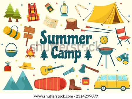 Summer Camp Vector Illustration of Camping and Traveling on Holiday with Equipment such as Tent, Backpack and Others in Flat Cartoon Templates