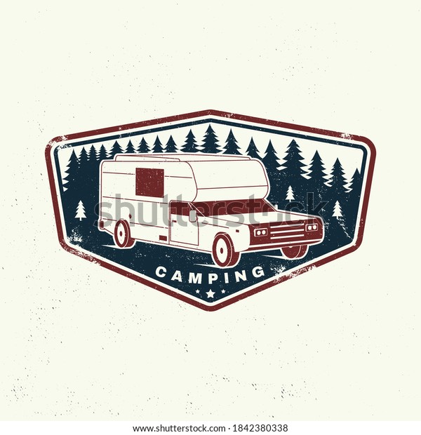 Summer camp.\
Vector illustration. Camping trailer emblem or patch. Concept for\
shirt or logo, print, stamp or tee. Vintage typography design with\
RV Motorhome and forest\
silhouette.
