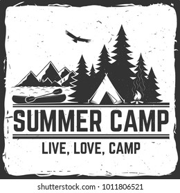 Summer camp. Vector illustration. Concept for shirt or logo, print, stamp or tee. Vintage typography design with canoe, paddle, camping tent and forest silhouette.
