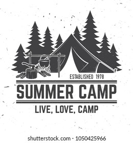 Summer camp. Vector illustration. Concept for shirt or logo, print, stamp or tee. Vintage typography design with camper tent, pot on the fire, axe and mountain silhouette.