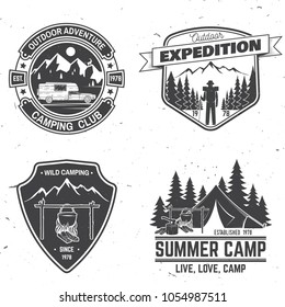 Summer camp. Vector illustration. Concept for shirt or logo, print, stamp or tee. Vintage typography design with rv trailer, camping tent, campfire, bear, man with guitar and forest silhouette.