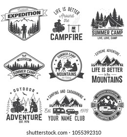 Summer camp. Vector illustration. Concept for shirt or logo, print, stamp or tee. Vintage typography design with rv trailer, camping tent, campfire, bear, man with guitar and forest silhouette.