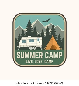 Summer camp. Vector illustration. Concept for shirt or logo, print, stamp or tee. Vintage typography design with rv trailer, camping tent and forest silhouette.