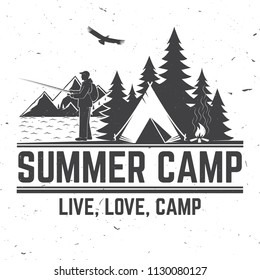 Summer camp. Vector illustration. Concept for shirt or logo, print, stamp or tee. Vintage typography design fisherman, camping tent, campfire and forest silhouette. 