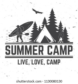 Summer camp. Vector illustration. Concept for shirt or logo, print, stamp or tee. Vintage typography design with canoe, paddle, camping tent and forest silhouette.