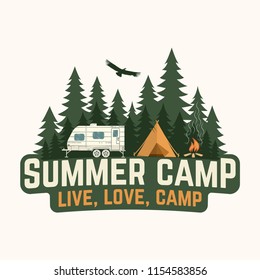 Summer camp. Vector illustration. Concept for shirt or logo, print, stamp or tee. Vintage typography design with rv trailer, camping tent and forest silhouette.