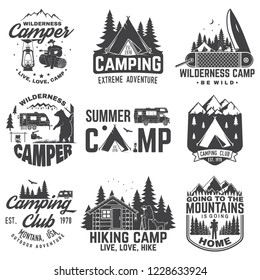 Summer camp. Vector illustration. Concept for shirt or patch, print, stamp or tee. Vintage typography design with rv trailer, camping tent, campfire, bear, man with guitar and forest silhouette.