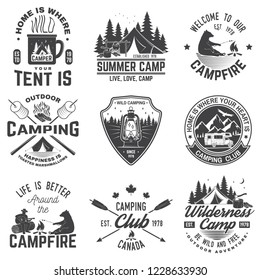 Summer camp. Vector illustration. Concept for shirt or patch, print, stamp or tee. Vintage typography design with rv trailer, camping tent, campfire, bear, man with guitar and forest silhouette.