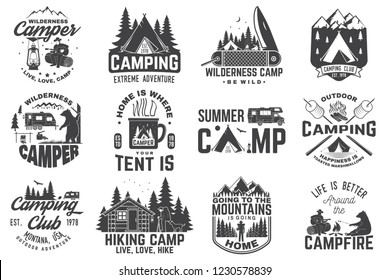Summer camp. Vector illustration. Concept for shirt or patch, print, stamp or tee. Vintage typography design with rv trailer, camping tent, campfire, bear, man with guitar and forest silhouette.