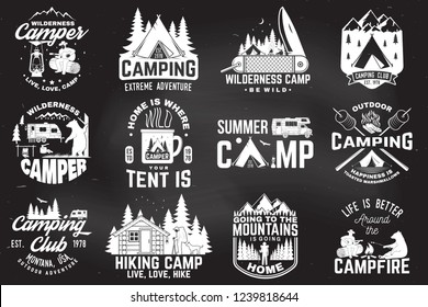 Summer camp. Vector illustration. Concept for shirt or patch, print, stamp or tee. Vintage typography design with rv trailer, camping tent, campfire, bear, man with guitar and forest silhouette.