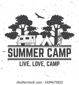 Summer camp. Vector illustration. Concept for shirt or logo, print, stamp or tee. Vintage typography design with rv trailer, camping tent and forest silhouette.