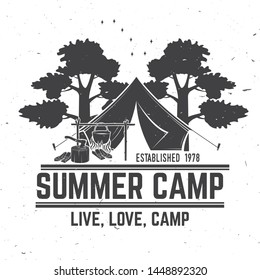 Summer camp. Vector illustration. Concept for shirt or logo, print, stamp or tee. Vintage typography design with camper tent, pot on the fire, axe, sky and forest silhouette.