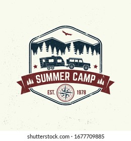Summer camp. Vector illustration. Concept for shirt or logo, print, stamp or tee. Vintage typography design with camper trailer, forest and mountain silhouette.
