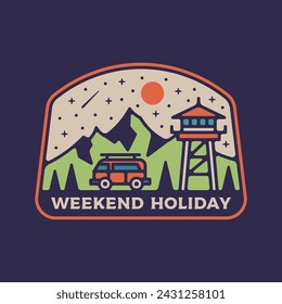 Summer camp. Vector illustration. Concept for shirt or logo, print, stamp or tee. Vintage typography design with rv trailer, camping tent and forest silhouette.