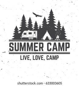 Summer camp. Vector illustration. Concept for shirt or logo, print, stamp or tee. Vintage typography design with rv trailer, camping tent and forest silhouette.