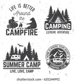 Summer camp. Vector illustration. Concept for shirt or logo, print, stamp or tee. Vintage typography design with rv trailer, camping tent, campfire, bear, man with guitar and forest silhouette.