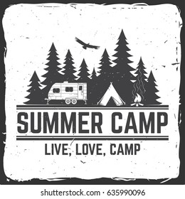 Summer camp. Vector illustration. Concept for shirt or logo, print, stamp or tee. Vintage typography design with rv trailer, camping tent and forest silhouette. Camping and outdoor adventure emblems