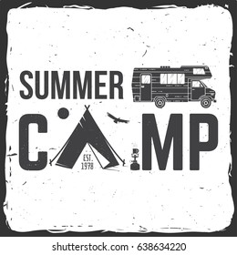 Summer camp. Vector illustration. Concept for shirt or logo, print, stamp or tee. Vintage typography design with rv trailer, camping tent and forest silhouette.