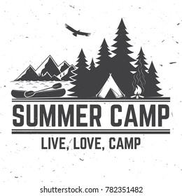 Summer camp. Vector illustration. Concept for shirt or logo, print, stamp or tee. Vintage typography design with canoe, paddle, camping tent and forest silhouette.