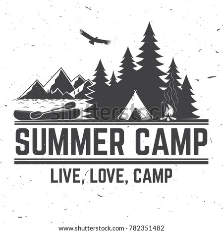 Summer camp. Vector illustration. Concept for shirt or logo, print, stamp or tee. Vintage typography design with canoe, paddle, camping tent and forest silhouette.