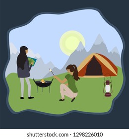 Summer camp. Vector illustration in a flat style. Mountains, backpacks, tent, fireplace.