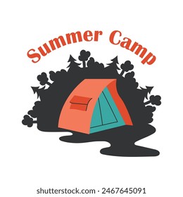 Summer camp. Vector illustration for icon, emblem, logo, print, stamp or t-shirt. Illustration of a tent with a forest in the background, eps 10 for print