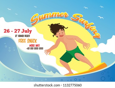 Summer Camp Vector illustration. Man with the dreadlocks hair on surfing in the waves illustration. Flyer and poster Design or etc landscape background. Eps10 illustration.