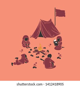 Summer camp vector illustration. Outdoor adventure background with girl, man with guitar and book sitting around campfire - Vector