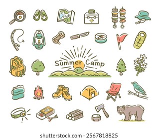 Summer camp vector illustration set material