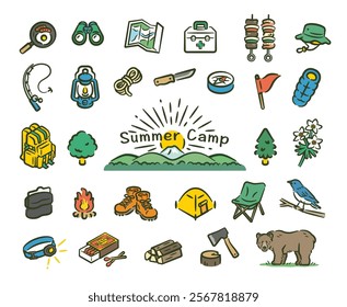 Summer camp vector illustration set material