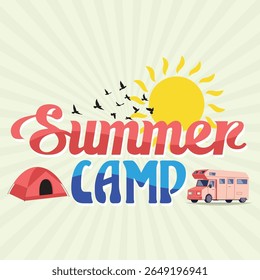 Acampamento de Verão Ilustração Vetorial Com Tenda, RV, e Sol.