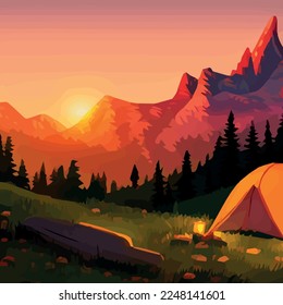 Summer camp  Vector illustration Camping and camping background mountains and lake evening  Vintage typographic design and camping tent   forest silhouette  outdoor camping adventure background 
