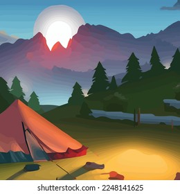 Summer camp  Vector illustration Camping and camping background mountains and lake evening  Vintage typographic design and camping tent   forest silhouette  outdoor camping adventure background 