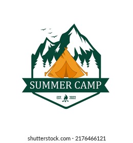 Summer camp vector logo design, mountain and forest premium logo vector.