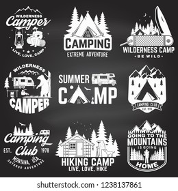 Summer camp. Vector on the chalkboard. Concept for shirt or patch, print, stamp or tee. Vintage typography design with rv trailer, camping tent, campfire, bear, man with guitar and forest silhouette.