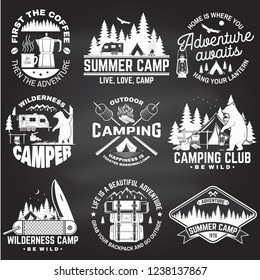 Summer camp. Vector on the chalkboard. Concept for shirt or patch, print, stamp or tee. Vintage design with rv trailer, camping tent, campfire, bear, coffee maker, pocket knife and forest silhouette.