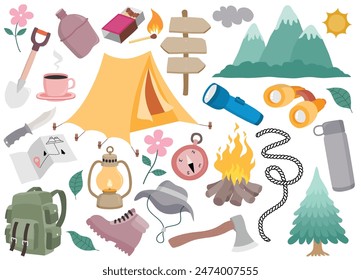 Conjunto de Vector de campamento de verano lindo Elementos de estilo de dibujos animados.