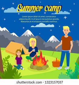 Summer Camp Vector Square Banner with Copyspace. Travel Agency Poster. Outdoor Activity on Nature. Cartoon Characters Sitting around Bonfire. Picnic in Forest at Night. Tent Flat Illustration