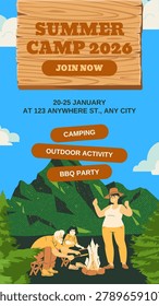 Summer camp vector template featuring a wooden sign and a family enjoying a campfire marshmallow roast in the mountains. Great for outdoor BBQ events.