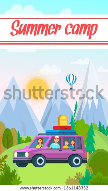 Summer Camp Vertical Banner. Vacation Drive\
Trip by Car among Mountains and Hills with Air Balloons on Sky.\
Family Travel on Transport with Luggage and Trunks at Roof. Cartoon\
Flat Vector\
Illustration
