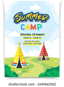 Summer camp vertical vector advertisement poster template for printing and web. Two wigwam or teepee like tents and campfire in the meadow with multi color text. Children outdoor scout summer activity