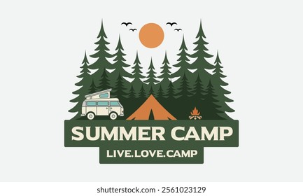 Summer camp vibes, a camper van nestled amongst towering pines, a crackling campfire, and a warm sun, Ready To Print Camping Vector T Shirt Design Template, Wall Art, Mug, Sticker, Banner, Tee, Hoodie